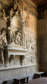 Golden light brushes ornate sculpted walls in a quiet hall