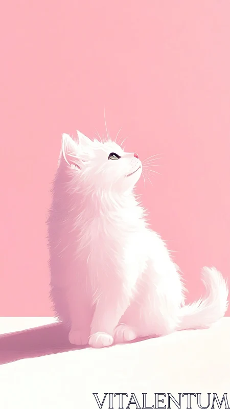White Fluffy Cat Looking Upward Against Pink Background.