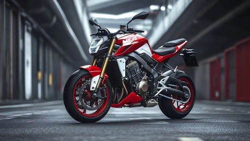 Red naked sport motorcycle stands in modern urban garage