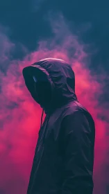 Hooded figure stands in neon smoke, blending mystery and cyberpunk