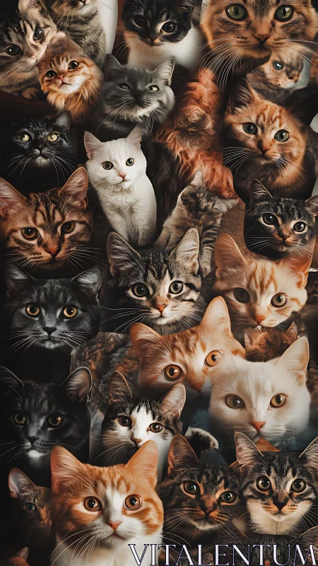 Feline Mosaic: Diverse Cat Portraits Unified in Dense Compositional Grid.