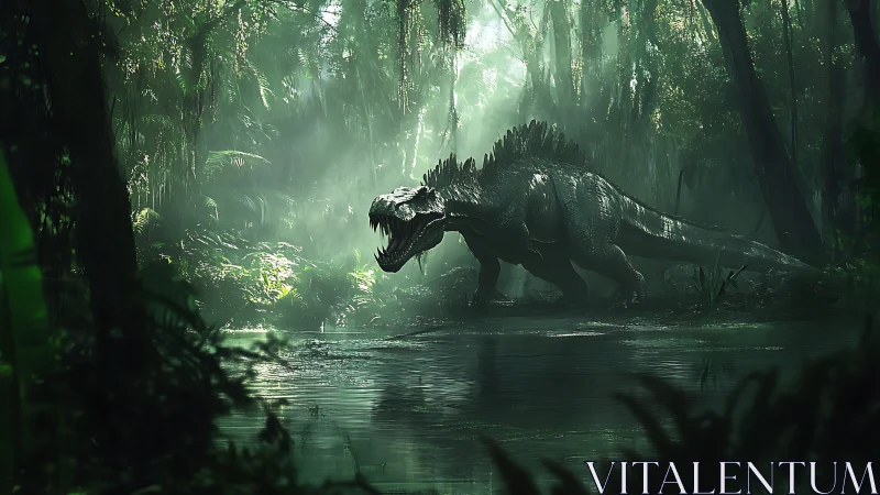 Predatory dinosaur roars beside swampy jungle waterway.