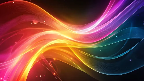 Curved multicolor light ribbons intersect across dark background