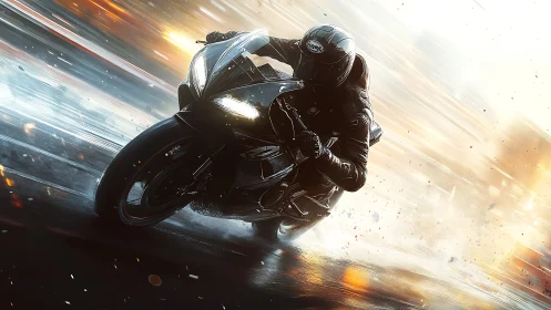 Night rider leans into the glow of speed and streetlight.