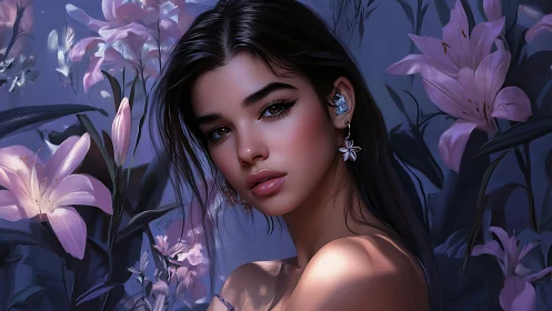 Midnight lily muse with cyber earpiece in violet bloom.