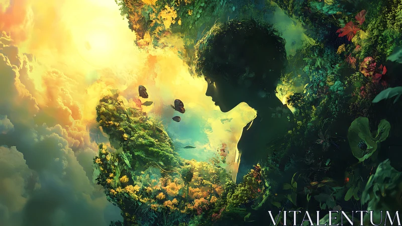 Silhouetted forest muse dissolves into luminous celestial sky