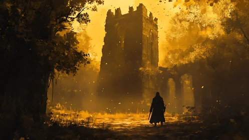 Wanderer approaches sunlit ruined tower in dense forest