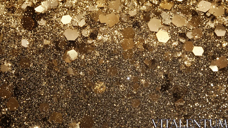 Gold glitter macro surface with hexagonal particles.
