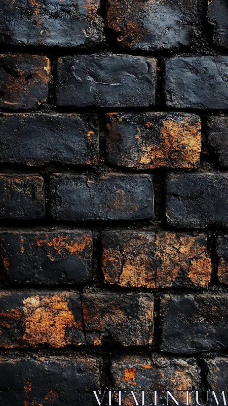 Charred masonry brick wall with rust-toned soot staining texture