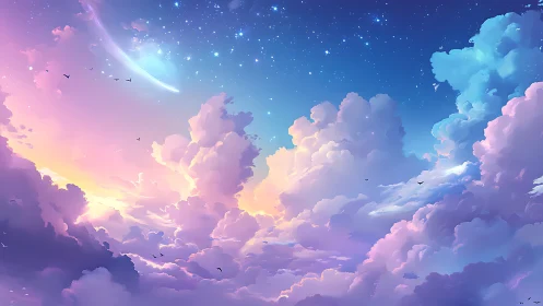 Layered pastel clouds beneath starry twilight sky.