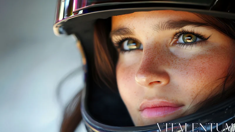 Focused young woman in racing helmet, close-up portrait.
