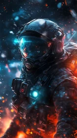 Armored space soldier advances through fire and ice storm