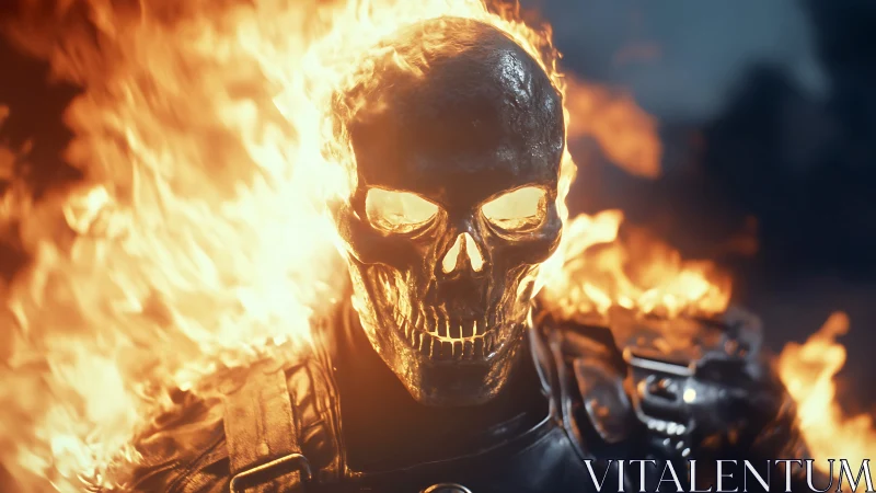 Incandescent flaming skull with reflective armor under dynamic lighting