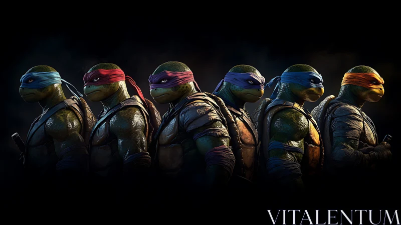 Six stylized mutant turtle warriors rendered with cinematic 3D lighting