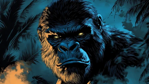Nocturnal gorilla portrait in cinematic blue-orange contrast.