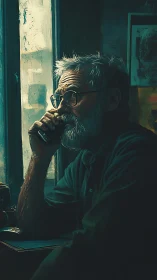 Pensive elder at window in moody teal-gold digital portrait.