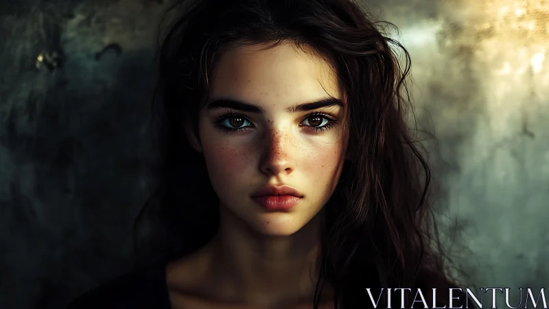 Close frontal portrait of young woman against muted wall.
