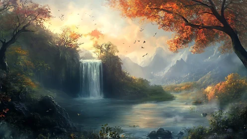 Autumn waterfall sanctuary under ember-tinted skies.