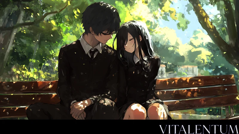 Quiet school couple resting together on a sunlit park bench