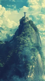 Misty mountain summit crowned by an embracing statue.