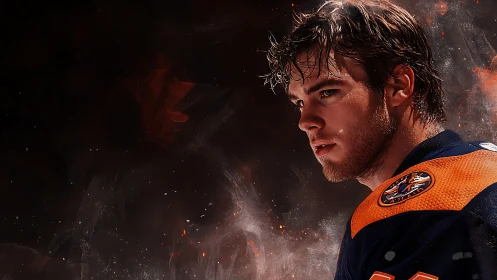 Focused hockey player portrait in dramatic lighting.