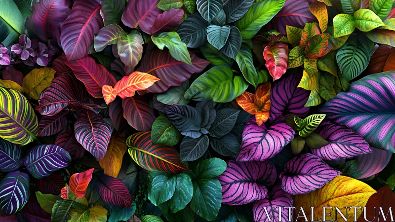 Multicolored tropical foliage pattern with dense leaf layering.