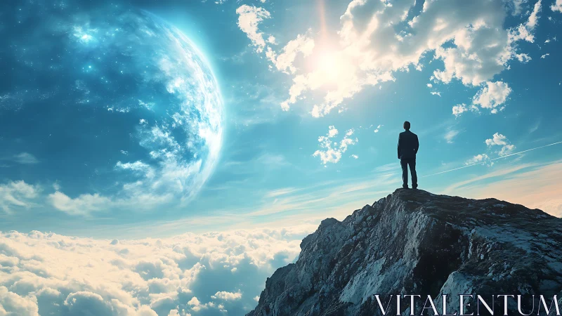 Silhouetted person stands on rocky peak facing large blue planet
