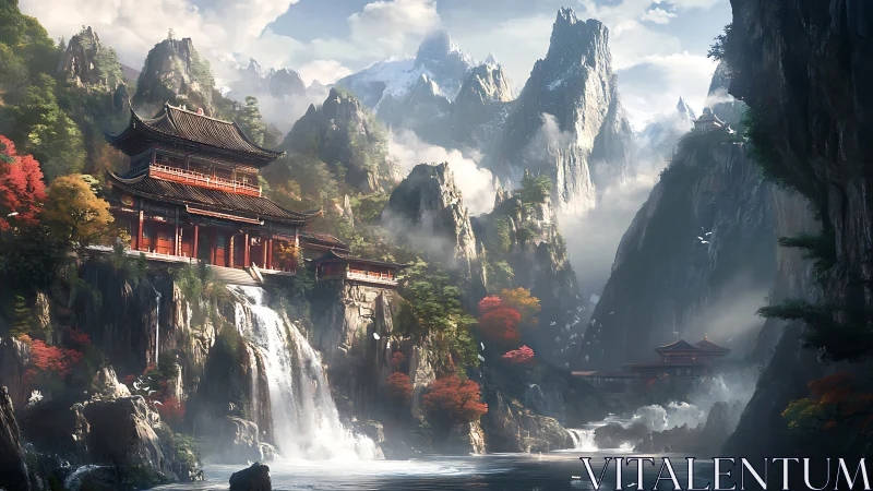Mountain temples above cascading river in misty valley.