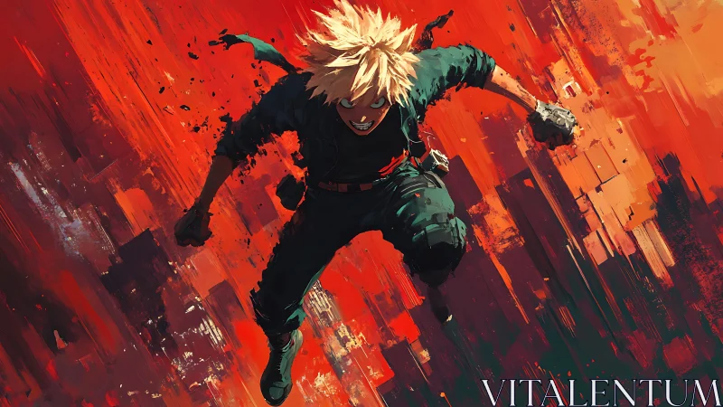 Explosive anime warrior dives through abstract red storm.