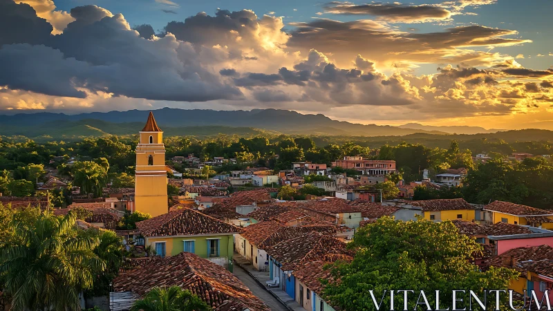 Colonial town skyline under dramatic golden sunset clouds.
