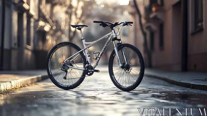 Silver Mountain Bike on Urban Wet Street.