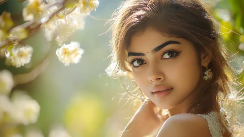 Portrait of a young woman outdoors among soft blossoms.