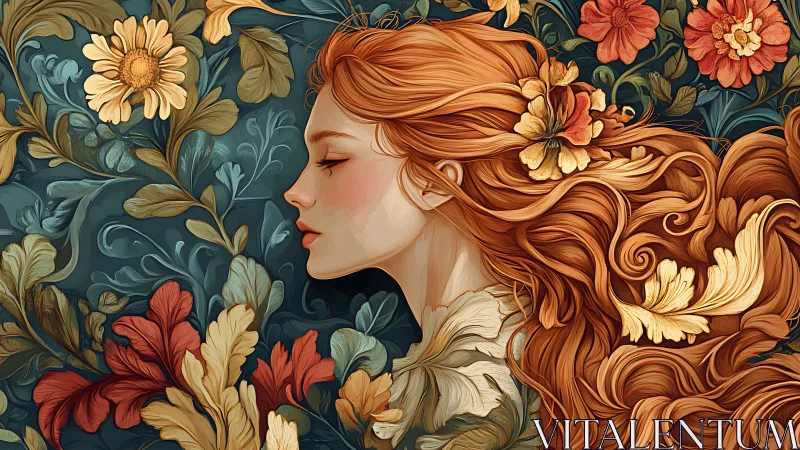Profile portrait of red-haired woman in ornate floral digital art