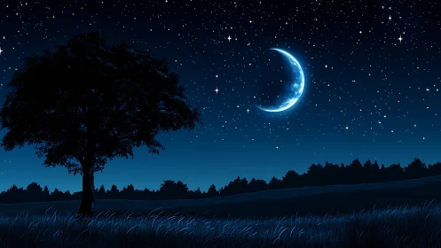 High-contrast nocturnal landscape with crescent moon and silhouetted tree