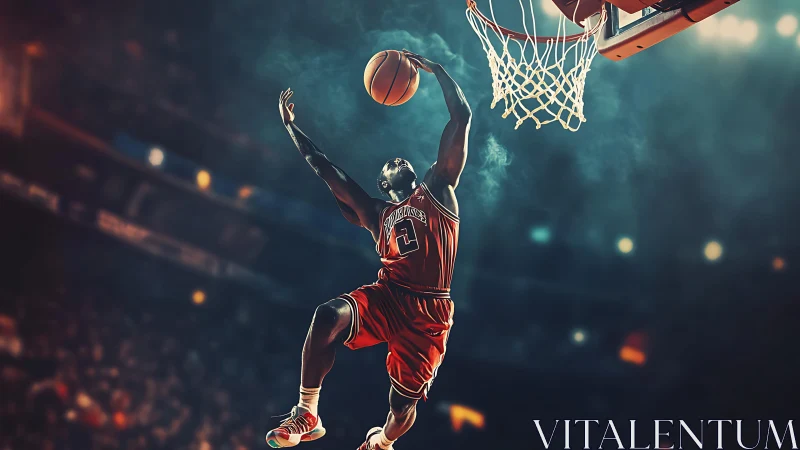 Basketball player jumps toward hoop for a powerful slam dunk