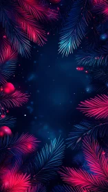Neon pine branches frame deep blue festive night sky