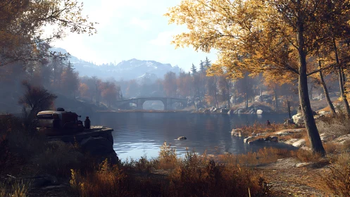 Autumn lake hush beneath distant bridge and silver peaks.