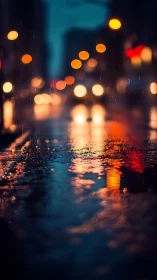 Rainy city street lights reflected in wet pavement at night.