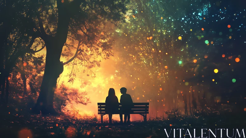 Two Figures on Bench Beneath Luminous Forest Canopy