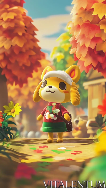 Autumn village dog villager walks under glowing foliage.