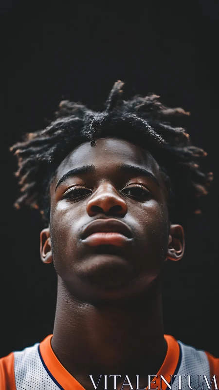 Intense young athlete stares upward in dramatic low angle.