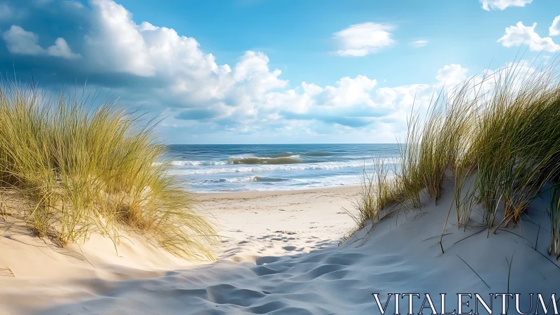 Sunlit sand dunes frame a tranquil blue ocean horizon.