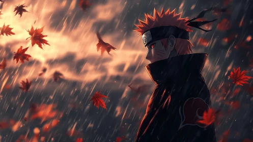 Brooding shinobi profile in stormlit crimson foliage rain.