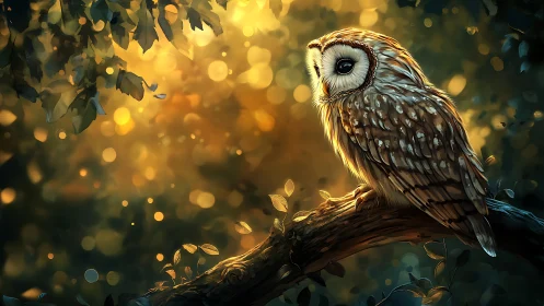 Majestic owl perched on branch in glowing forest, digital art.