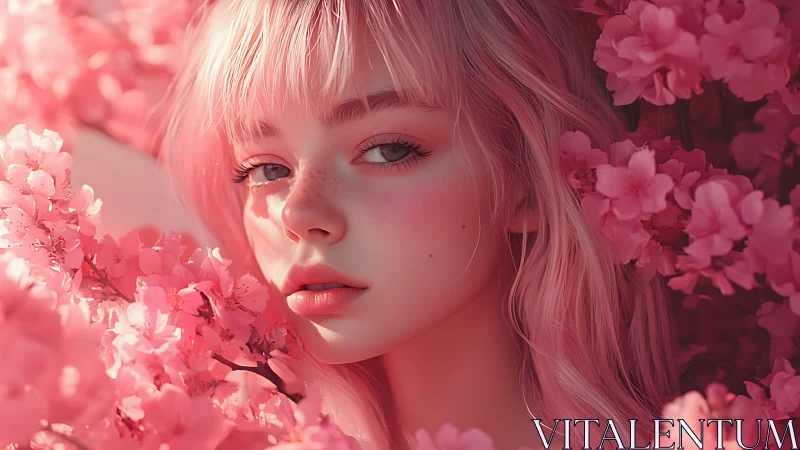 Digital portrait of young woman amid dense pink blossoms.