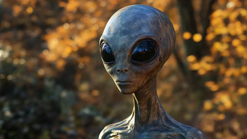 Extraterrestrial portrait with reflective eyes in autumn forest.