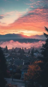 Suburban neighborhood under mist with distant mountains at dawn.