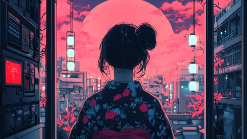 Woman in kimono observing neon urban skyline at sunset.