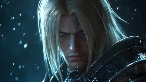 Brooding platinum-haired knight in wet plate armor, cinematic close-up