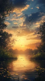 Golden river sunset under dramatic clouds and birds in flight.